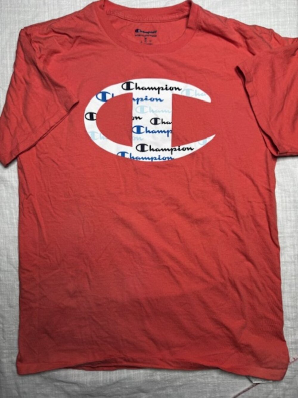 Champion Men's T-Shirt Large Short Sleeve Logo Graphic Print Crew Neck Peach